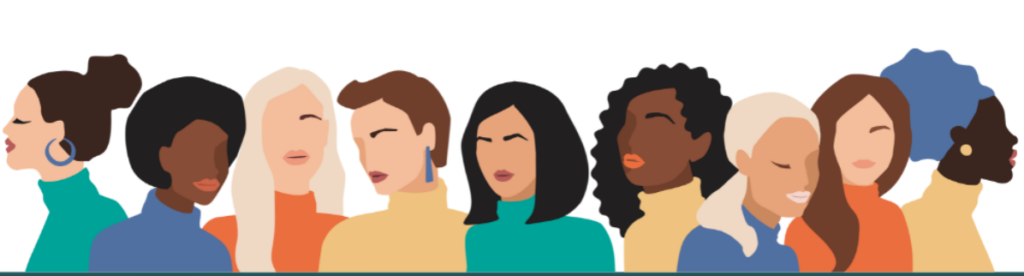 international womens day header showing illustration of women of different ethnicities.